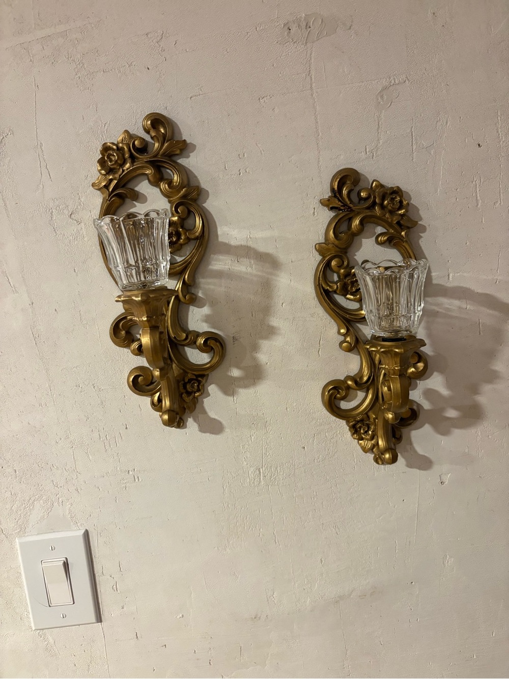 Pair of Gold Ornate Wall Lantern Sconces with Clear Glass Cups